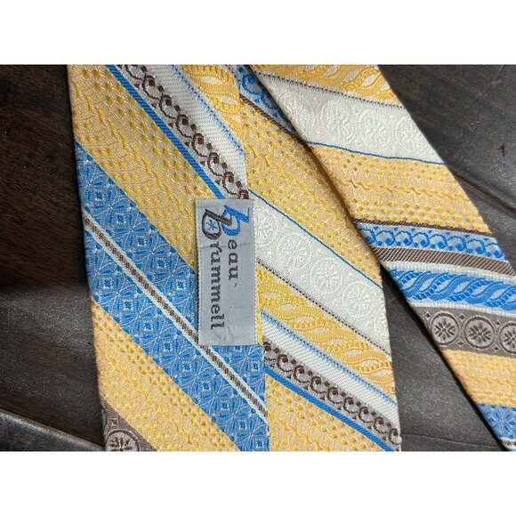 Beau Brummell Striped Necktie Blue Yellow Mixed Print Adjustable Lightweight - Picture 4 of 7
